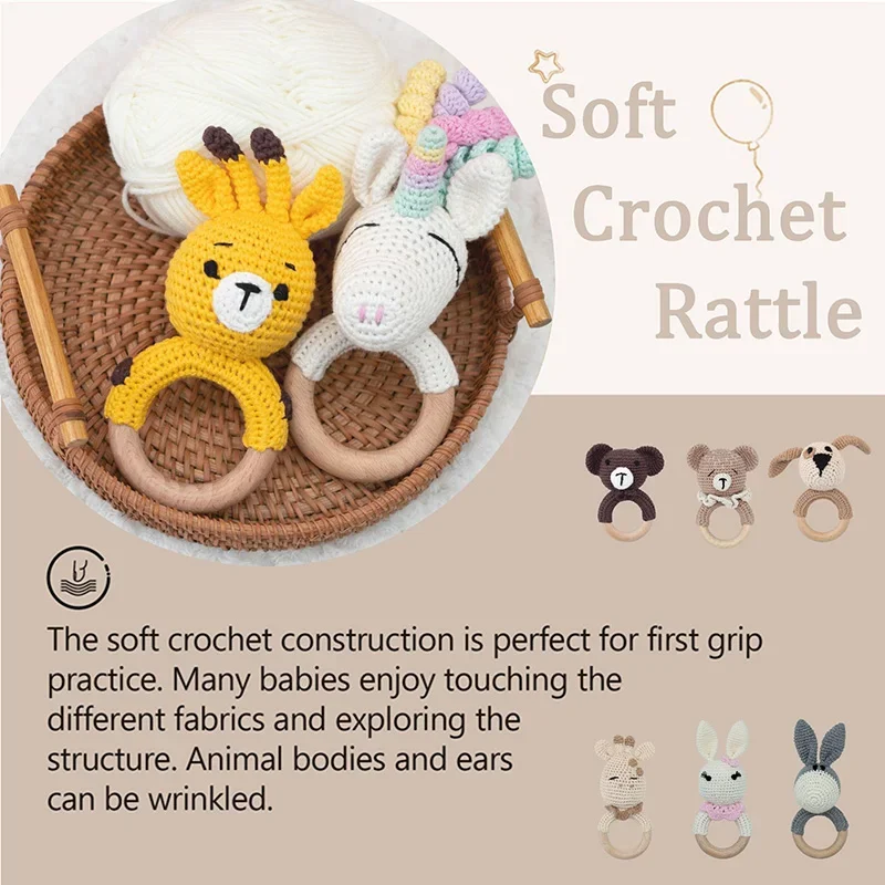 1pc Baby Teether Music Rattles for Kids Animal Crochet Rattle Elephant Giraffe Ring Wooden Babies Gym Montessori Children's Toys