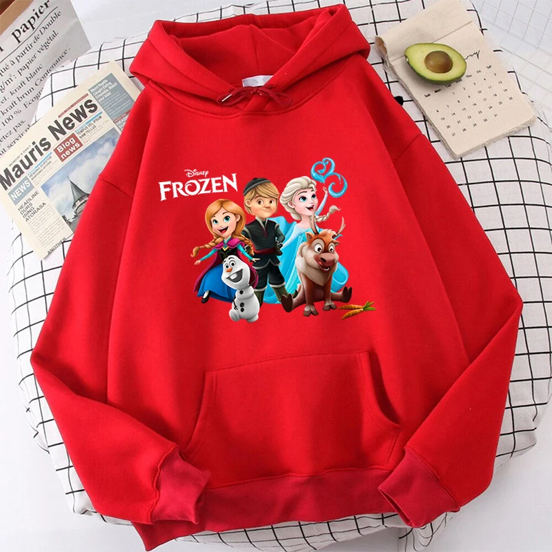 

Frozen Print Women's Autumn and Winter Hoodie Plus Fleece Sweater Red Loose Top