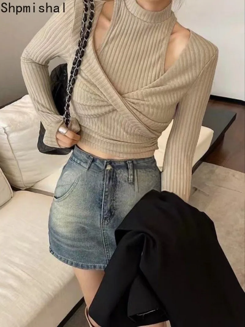 Maillard Style Sweet and Spicy Knitted Shirt Women Clothes Autumn INS Fashion Slim Fit Splice Fake Two Piece Pullover Top