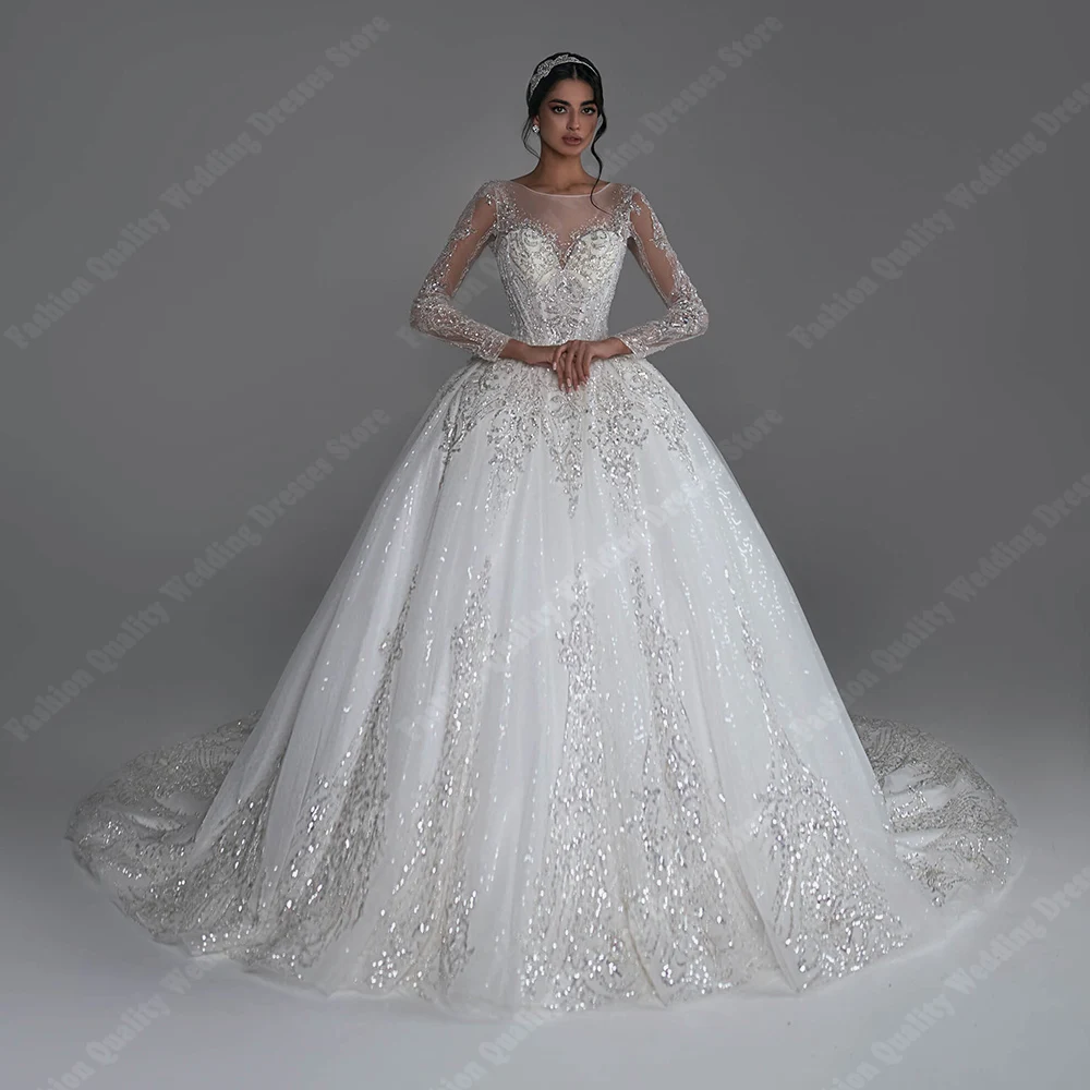 Elegant A-Line Tulle Women Wedding Dresses Princess Sparkling Hem Bridal Gowns Formal Party Long Sleeves Vestidos De Noches 2024