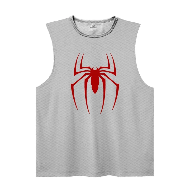 Summer Mesh Breathable Quick Dry Sleeveless Casual Shirts Red Spider Printed Gym Bodybuilding Vests Mens Fitness Sport Tank Tops