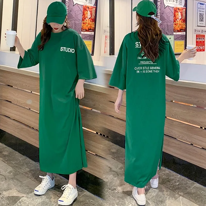 T-shirt lunga Casual stampata con lettera abito estivo mezze maniche oversize femminile coreano Maxi vestito allentato Casual Vestidos De Mujer