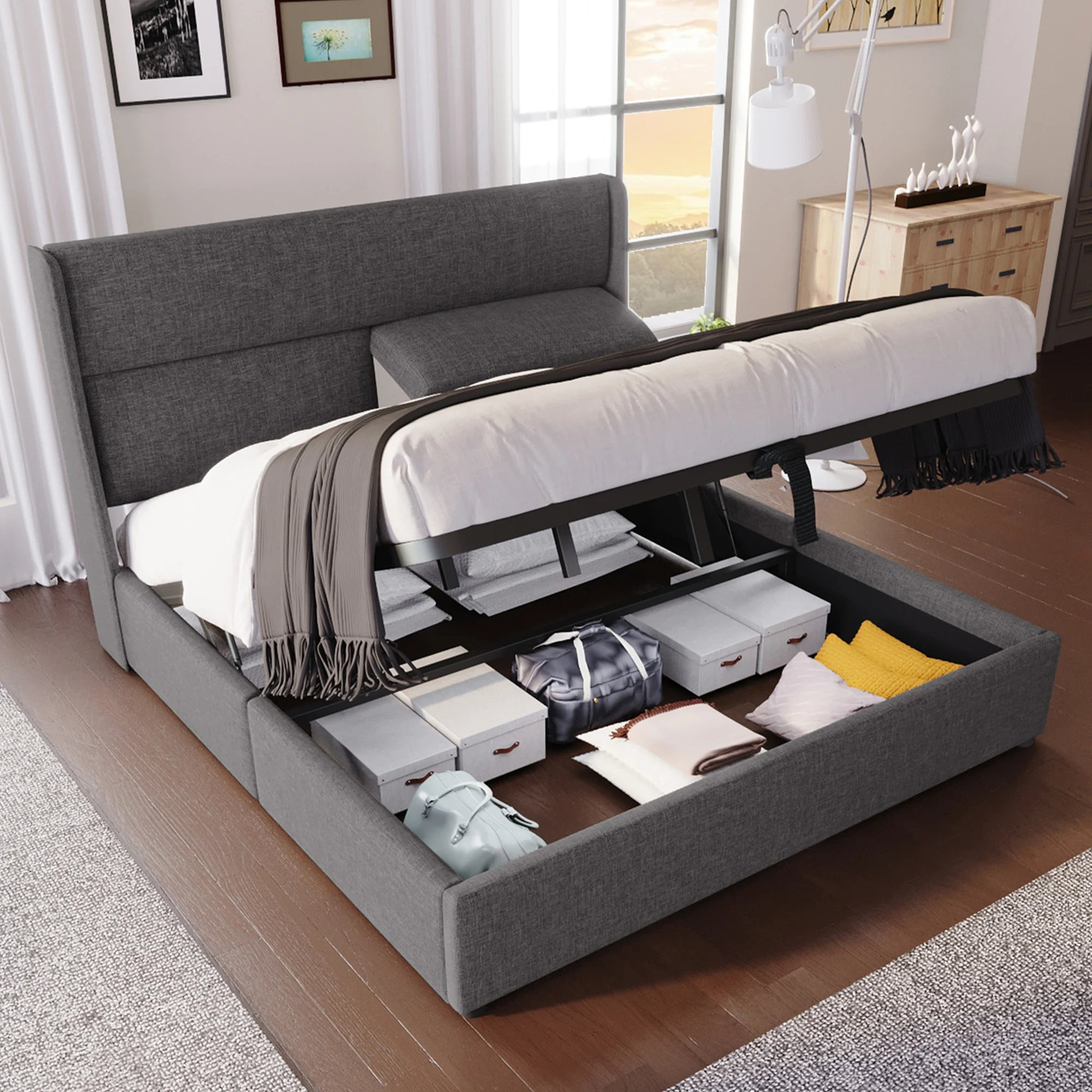 Lit coffre double, têtes de lit réglables et rangement 160 × 200 cm - sans matelas - en tissu gris