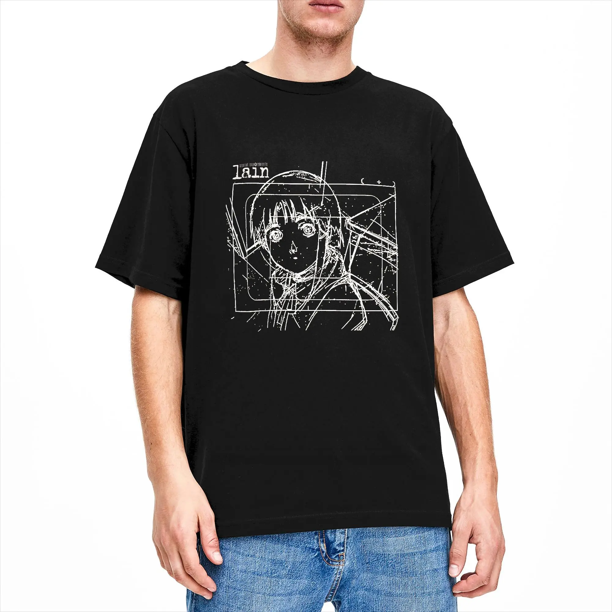 Vintage T Shirt Summer Lain Iwakura Sketch Fashion T Shirts Serial Experiments Lain Cotton Tee Shirt for Men's Short Sleeve Tops