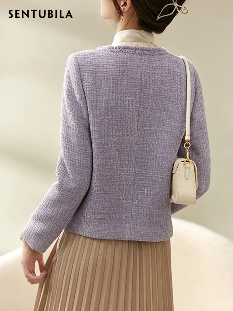 SENTUBILA Purple Textured Tweed Jackets Women 2024 Spring New Fashion Work Business Elegant Short Blazer Coats Outwear 123W44389