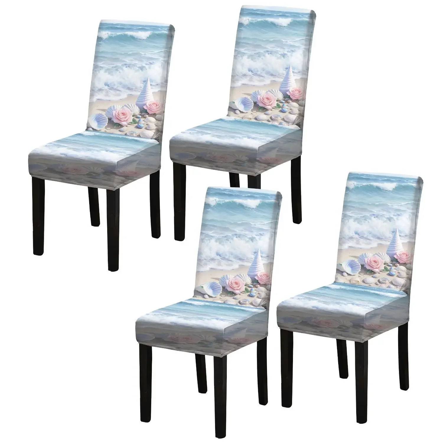 High-elastic printed dining chair cover, seaside dream shell pattern, suitable for home dining tables and chairs