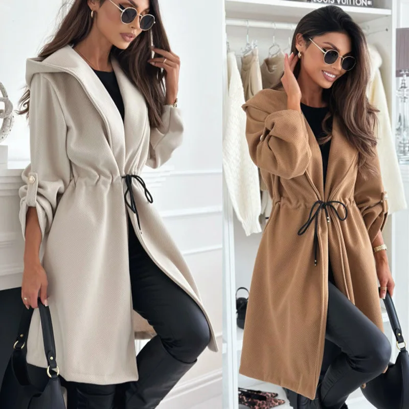 

Winter Elegant Drawstring Waist Hooded Coats Women Hoodies Jackets Lace Up Slim Fit Long Sleeve Lady Overcoats Female Outerwears