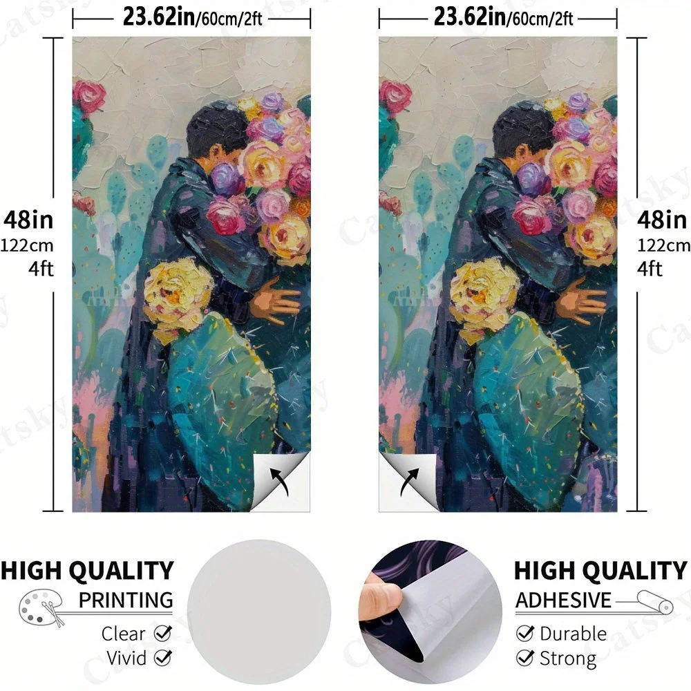 Person with Flower Bouquet,Cactus Field Scene,Colorful Floral Art,High Value! 2D Flat Vinyl Sandboard Stickers - Bubble-Free, Ea