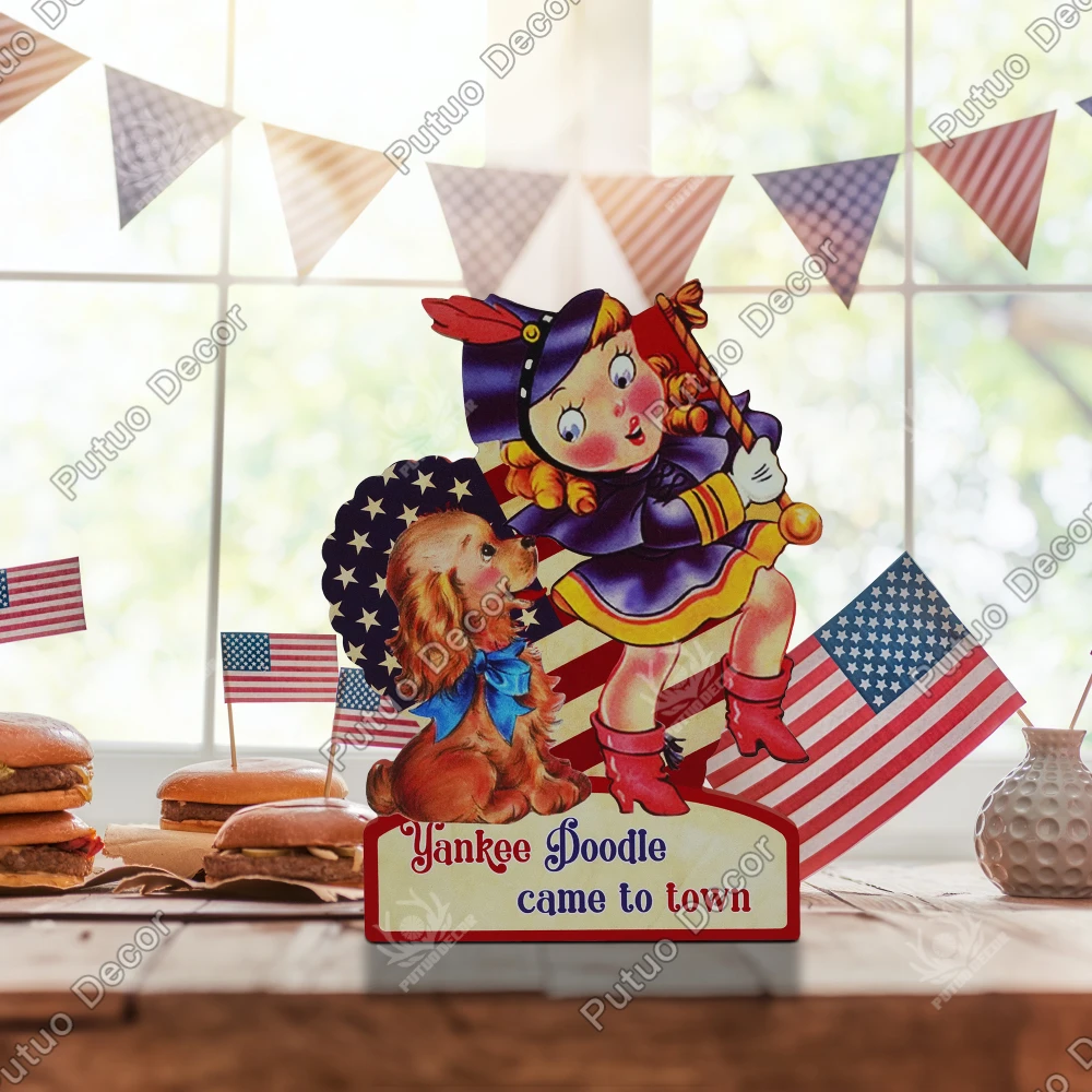 

Putuo Decor Wooden Table Decor, Yankee Goodle Came to Town,Desktop Decor for Home Cafe Office, Independence Day 4th of July Gift