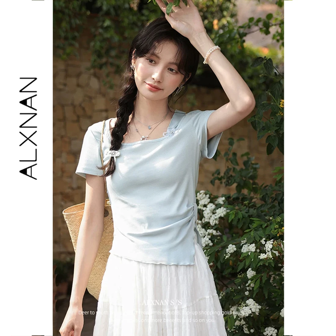 

ALXNAN Women's T-shirt Gray Blue Elegant 3d Flower Design Short Sleeve T-shirt Slim-fit Cotton Korean Popular Clothes New L55122