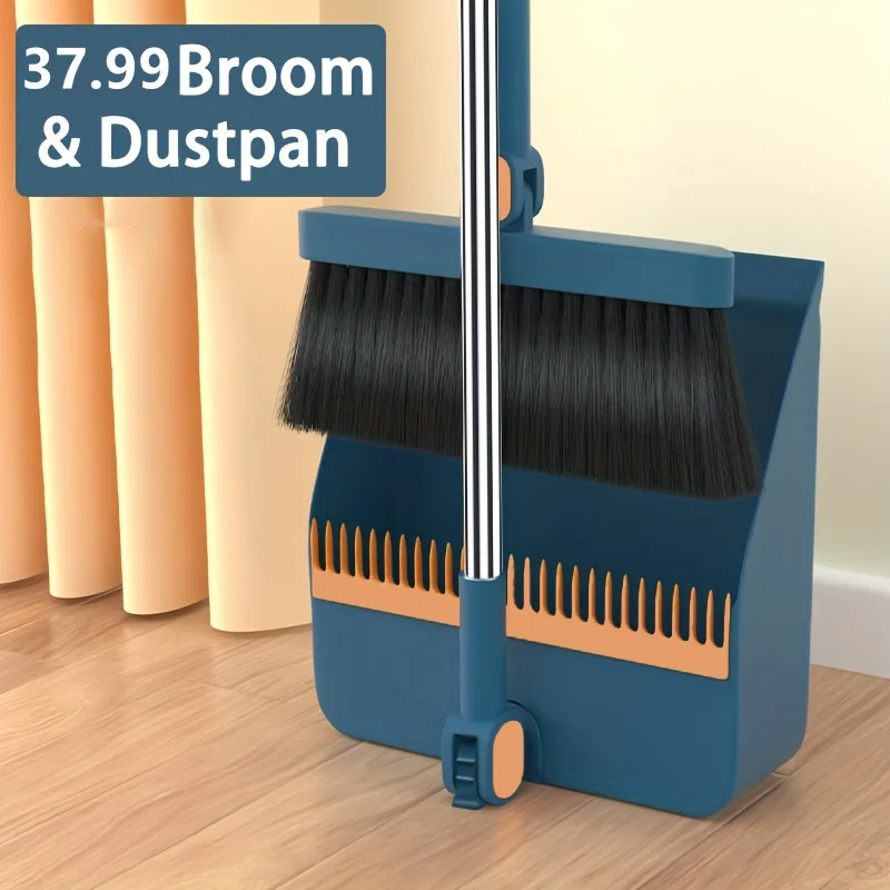 1set, Household Broom And Dustpan Set, Long Handle Floor Cleaning Broom Dustpan Set, Rotatable Broom And Dustpan With Comb Tooth