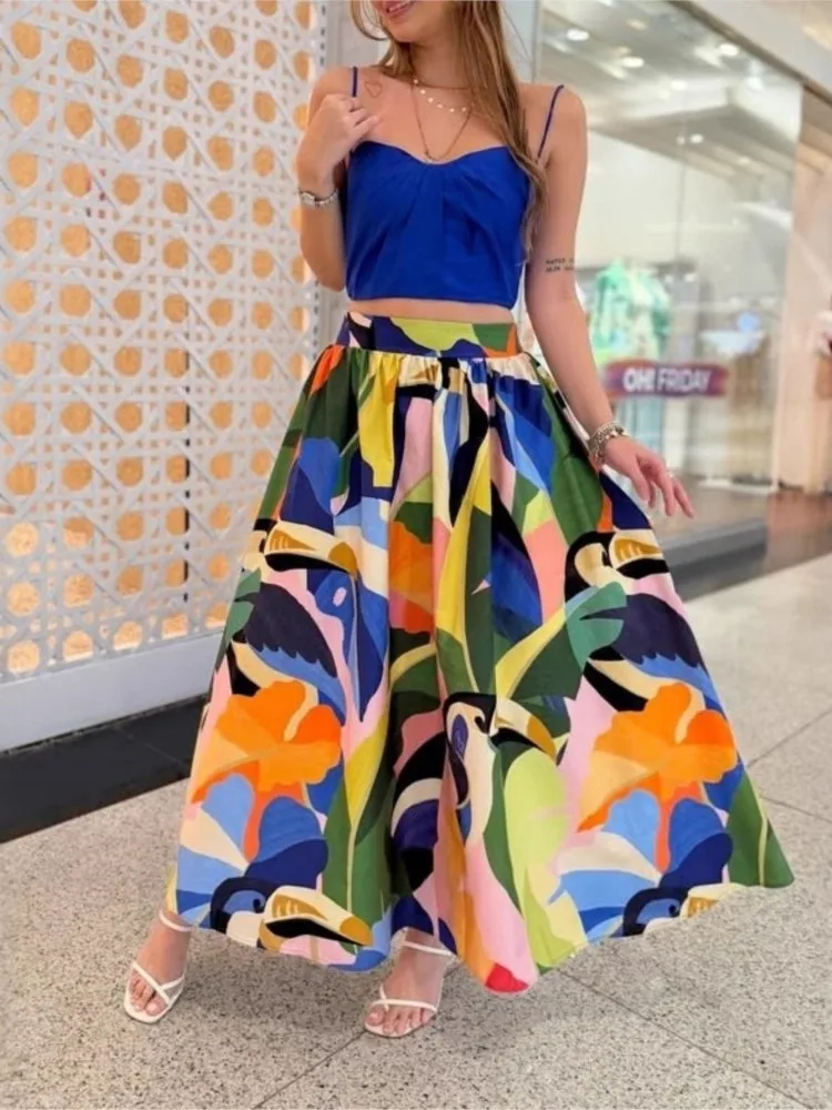 Spring Summer Color Print High Waist Skirts Women Fashion Casual Vacation Style A-line Skirts 2026 New Chic Boho Party Skirt