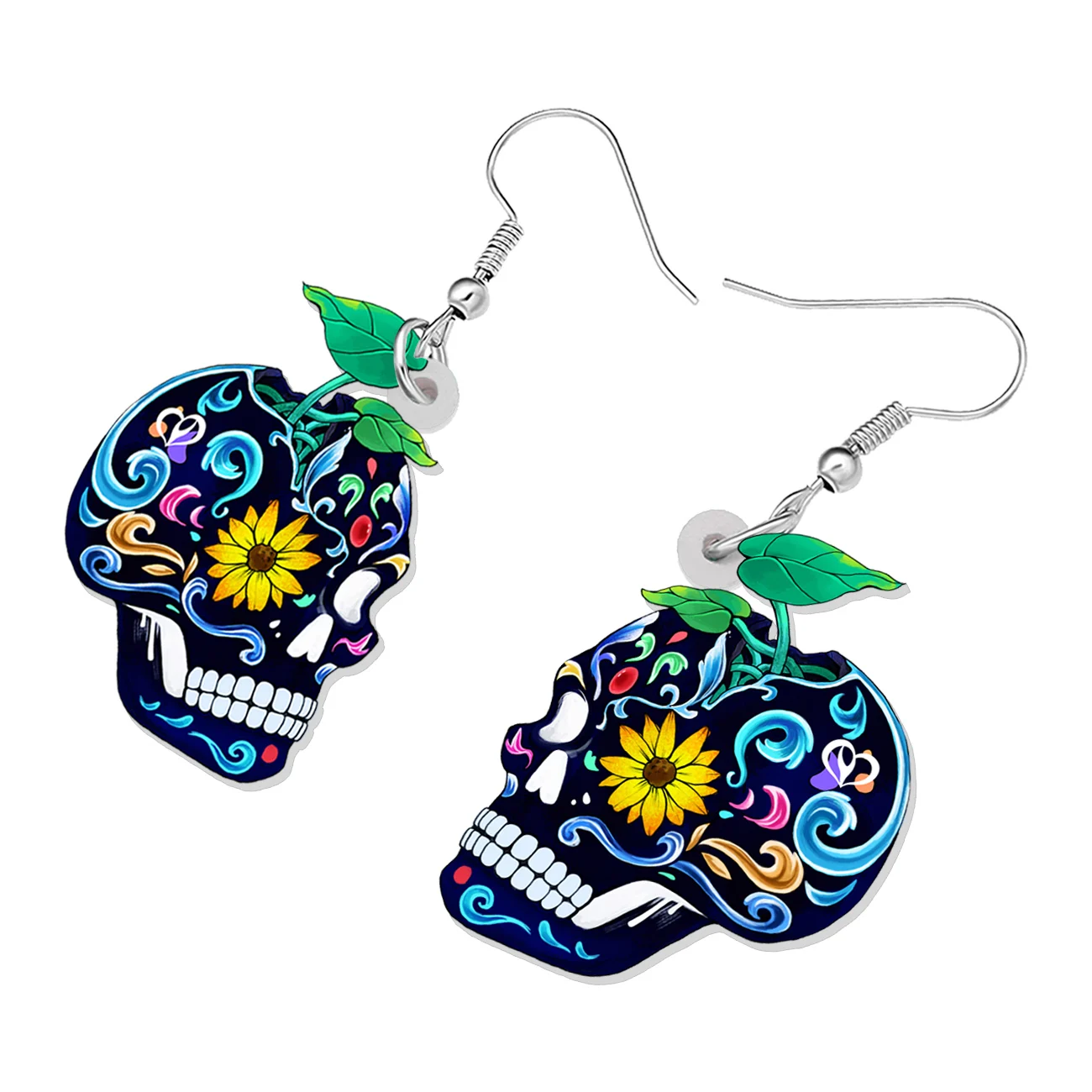 BONSNY Halloween Acrylic Novelty Plant Blue Sugar Skull Earrings Dangle Drop Punk Jewelry for Women Girls Kids Gifts Decorations