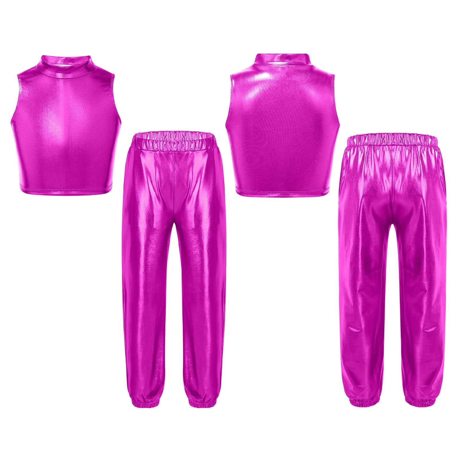 New Girls Hip Hop Dance Set Kids Sleeveless Jazz Dance Performance Match Outfit Shiny Metallic Crop Tank Top+Pants Sports Suits