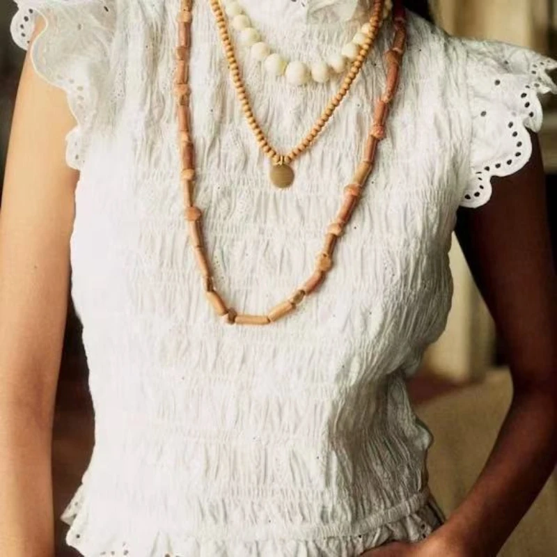 2025 Sezanes shirt French vintage summer new sweet ageing stretch pleated design wood ear collar small fly sleeve waist