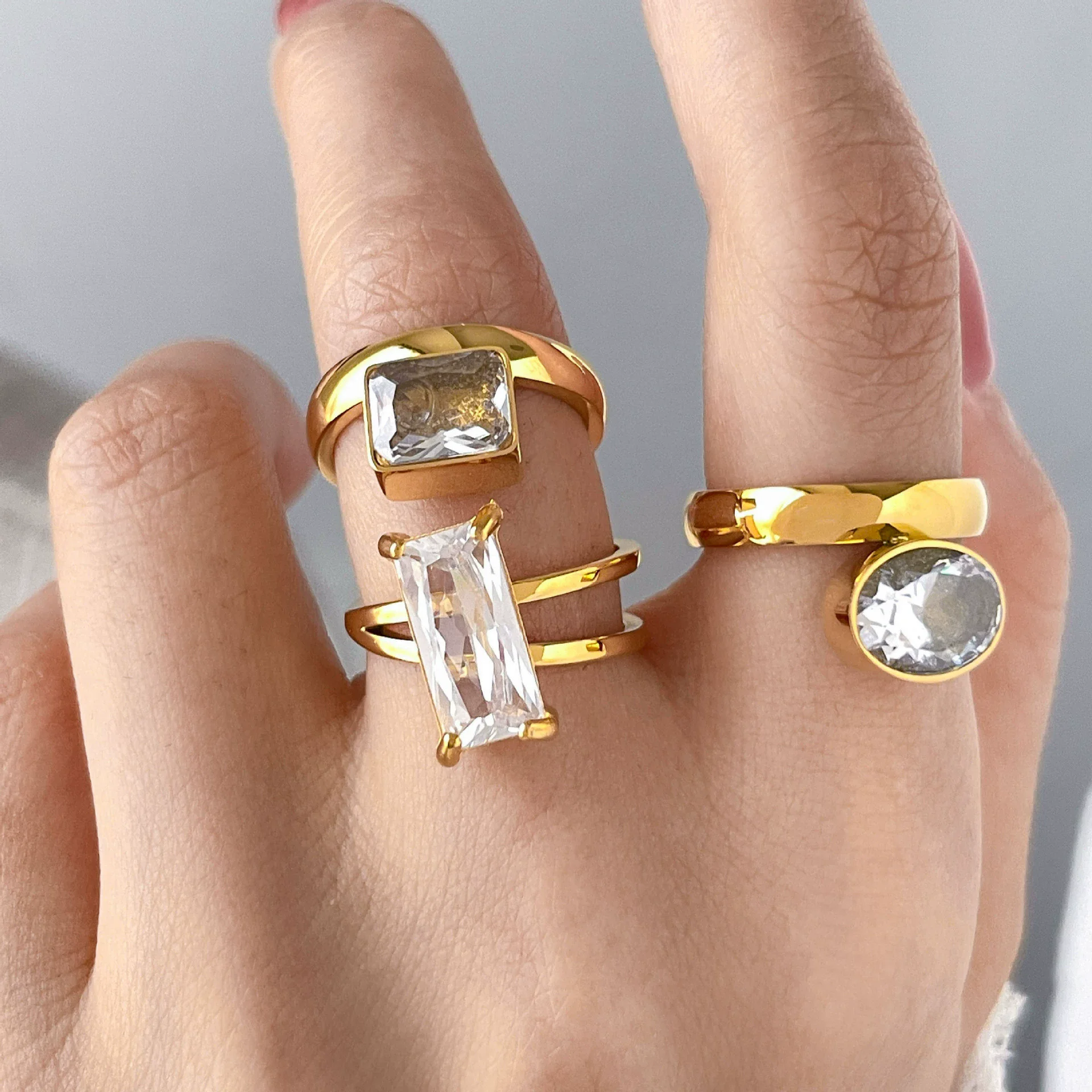 

Gold Plated Stainless Steel Geometric Cubic Zircon Ring For Women Trendy Fashion Daily Jewelry Accessories