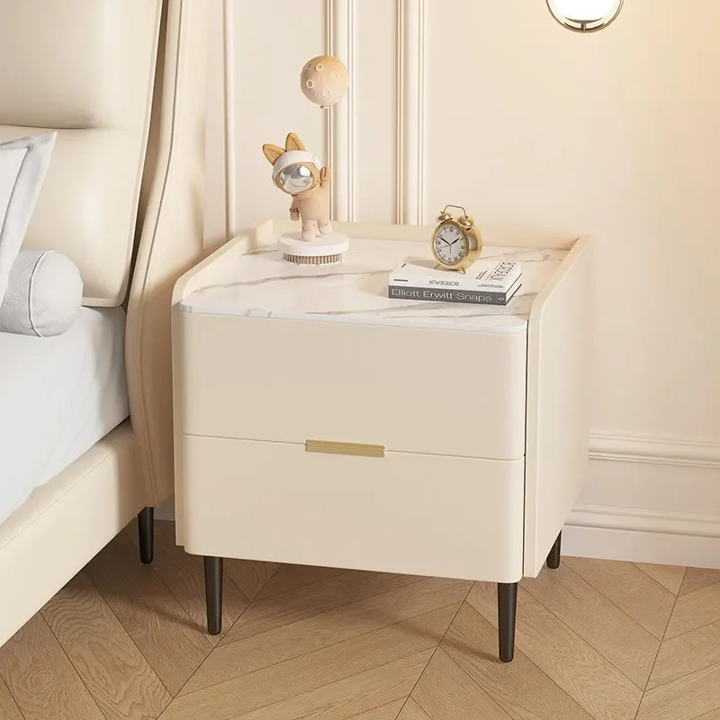Modern Solid Wood Nightstand with Sintered Stone Top Cream Style Small Bedroom Storage Table Simple Luxury Home Furniture