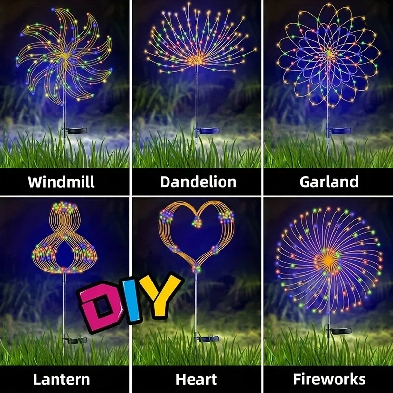 8-Mode Solar LED Fireworks Fairy Lights Multi-Color IP65 Waterproof Solar Garden Flower Lights for Outdoor Garden Yard Weddings