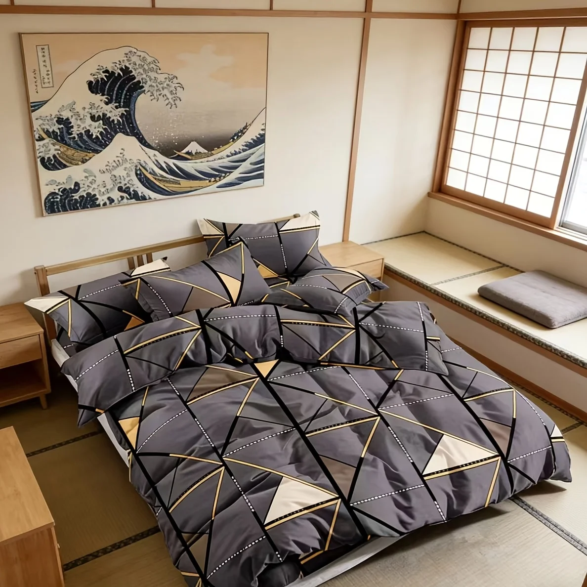 3PCS Duvet Cover Golden Stripe Triangle Printed Bedding Set Filling Not Included For Room School Dormitory Twin Queen King Size