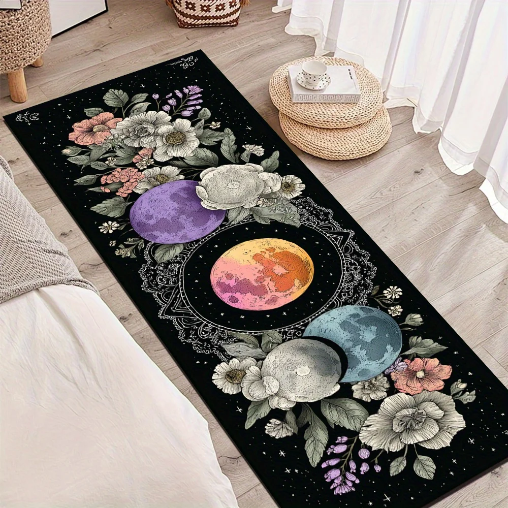 Mystic Boho Color Moon Phase Peony Floral Long Floor Runner Rug, Non-Slip Mat for Bedroom Entryway Bathroom Witchy Celestial