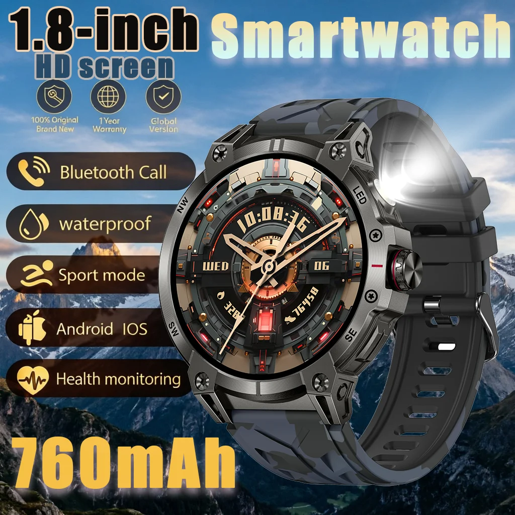 

Новые смарт-часы 2026 года: 100 спортивных режимов, Bluetooth-звонки, LED-фонарик, GPS-компас, водонепроницаемость, мониторинг здоровья, 760 мАч, 1.8''