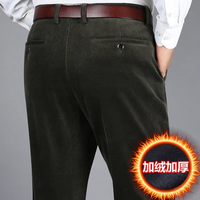 7712 Winter Corduroy Thick Warm Casual Pants for Men Middle-aged Men Vintage Trouser High Waist Loose Straight Solid Color Pants