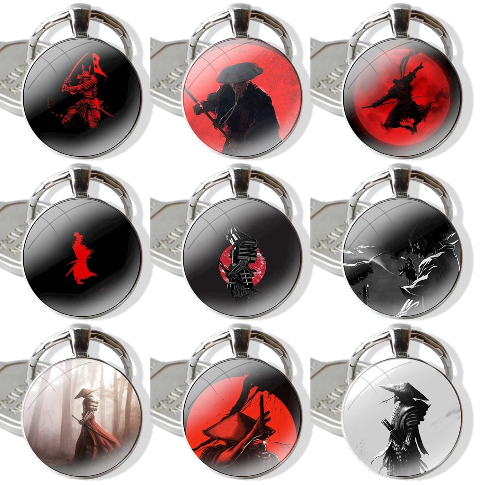 25mm Glass Cabohcon Keychain Key Rings for Women Men Jewelry Gift Japan The samurai Ninja