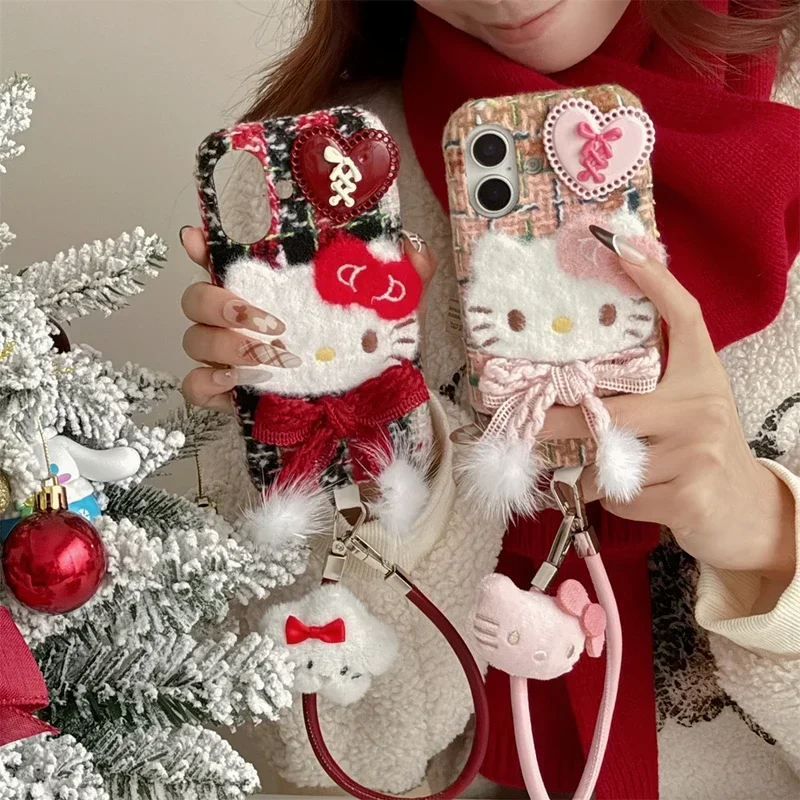 Ins Cute Cartoon Sanrio Hello Kitty Winter Warm Furry Plush Phone Case For iPhone 16 15 14 13  Pro Max Soft Cover With Lanyard