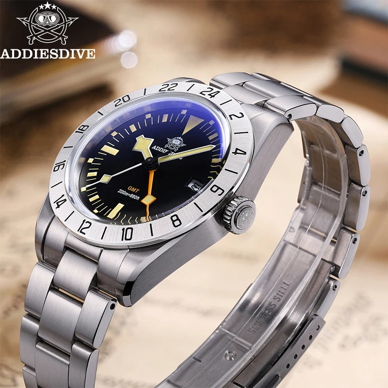 ADDIESDIVE GMT Watch 39mm Swiss Quartz Movement Dual Time Zone Men's Business Watches 200m Waterproof Retro Luminous Steel Watch