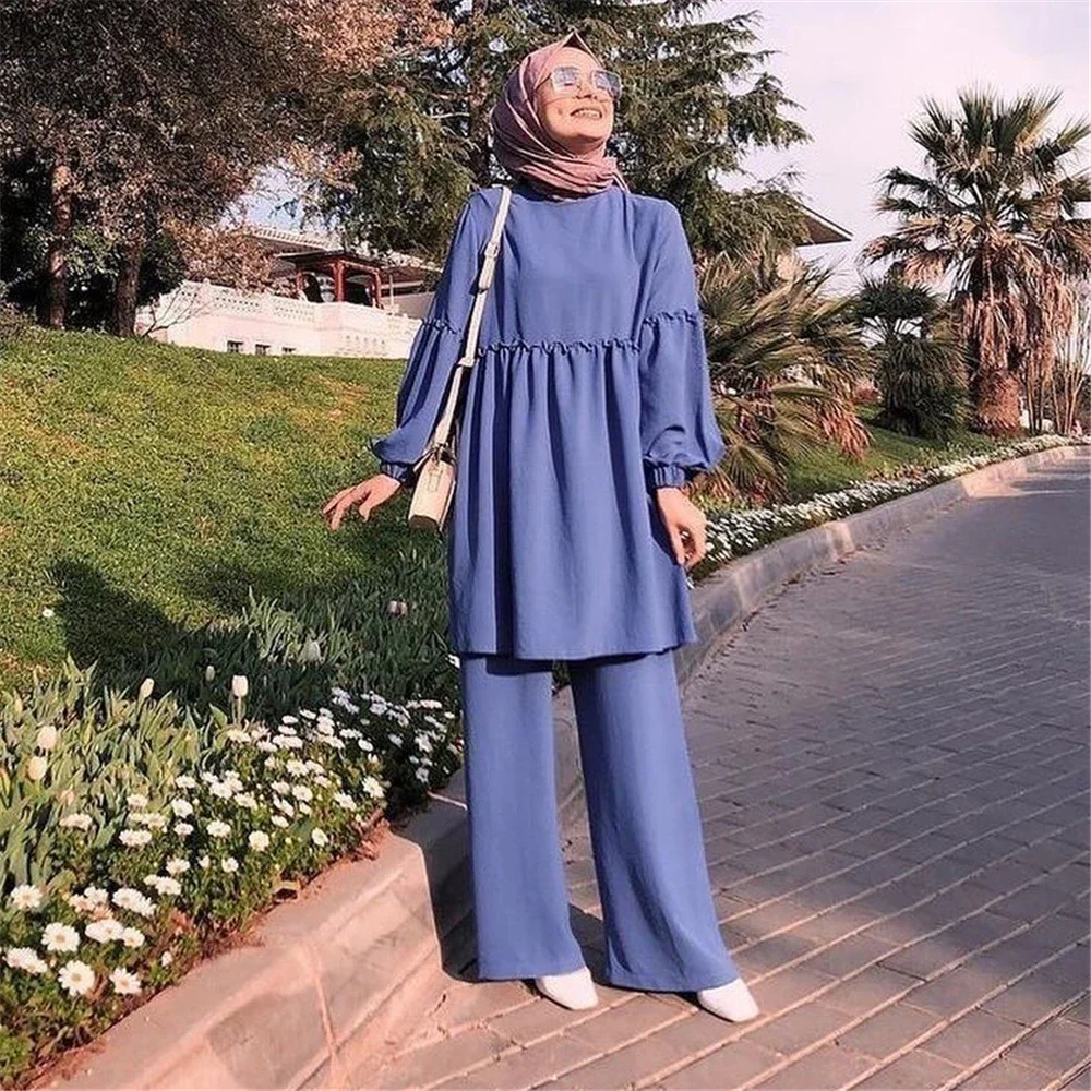 Muslim Sets Women Two Piece Abaya Khimar Casual Soild Color Tops and Pants Suits Ramadan Turkey Loose Kaftan Clothing Outfits