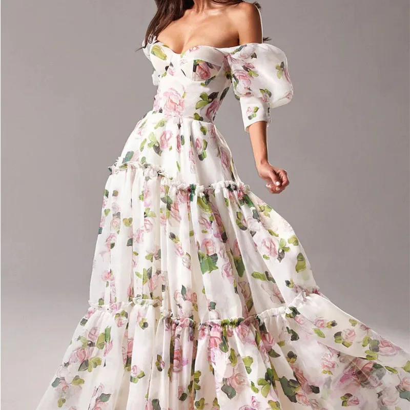 Elegant Women's Summer Floral Printed Long Dress Sexy Backless Short Sleeve Beach Sundress Boho Evening Party Maxi Dresses