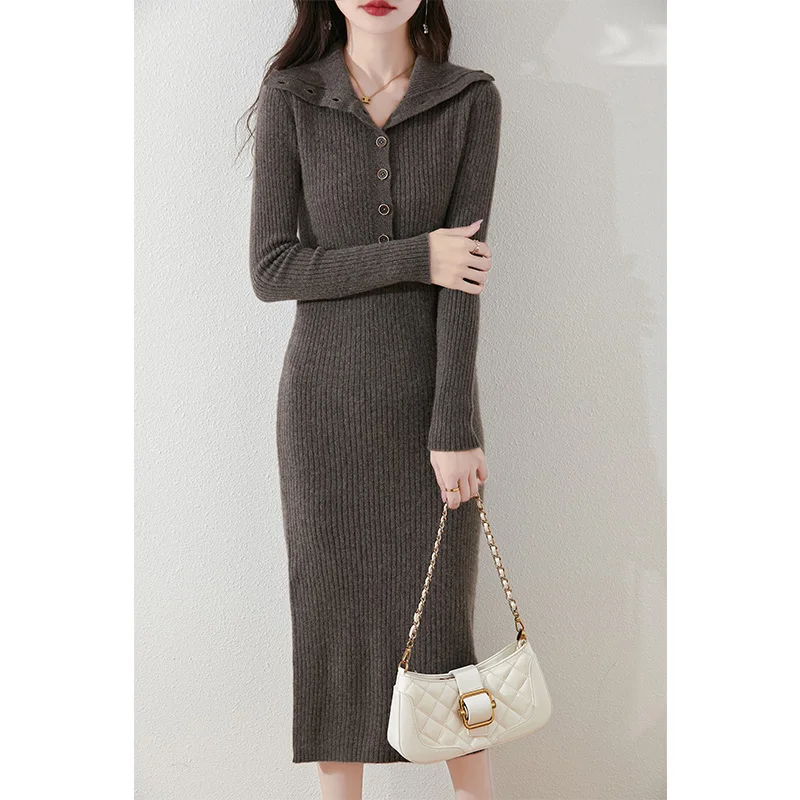 

Autumn Winter Women Sweater Wool Dress Mock Neck Pullover Skirt 100% Merino Wool Knitwear Buttons Style Cashmere Chic Slim Skirt