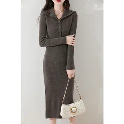 Autumn Winter Women Sweater Wool Dress Mock Neck Pullover Skirt 100% Merino Wool Knitwear Buttons Style Cashmere Chic Slim Skirt