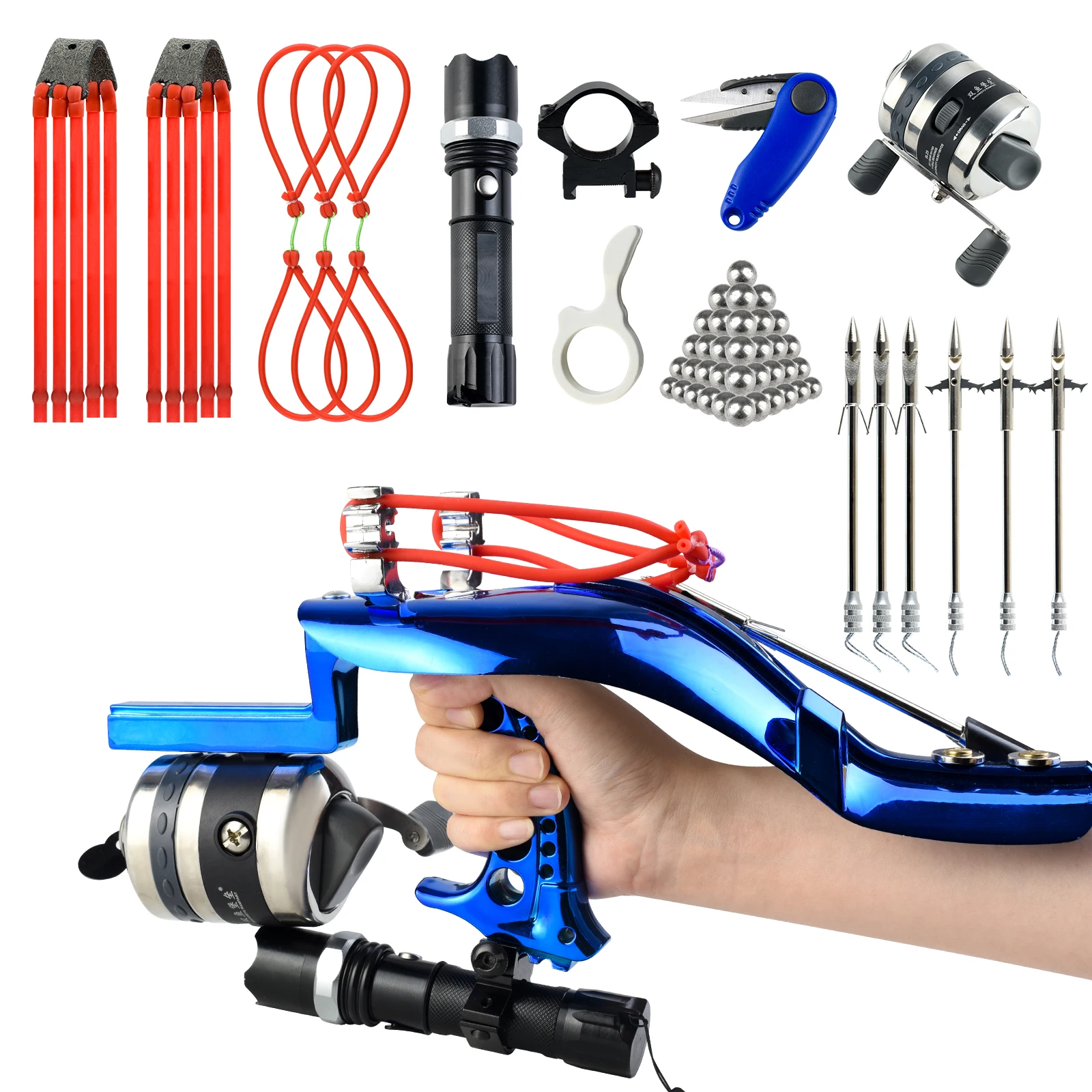 Handheld Professional Fishing Slingshot Kit with Reel and 6 Darts, Flashlight and Strong Magnetic Hunting Dual-purpose Slingshot