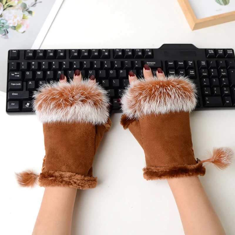 Warm Thick Cashmere Half Finger Gloves Winter Women Suede Gloves Female Rabbit Hair Wrist Fingerless Gloves Typing Mitten