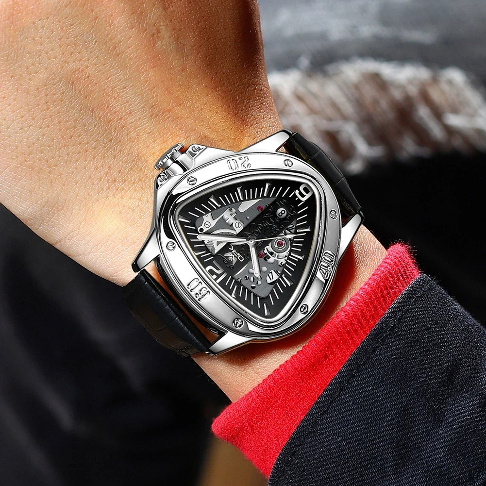 Triangle Shaped Watch for Men Classic Luxury Reloj Sliver Black Gold Case Leather Band Quartz Wristwatch Male Sports Man Clock