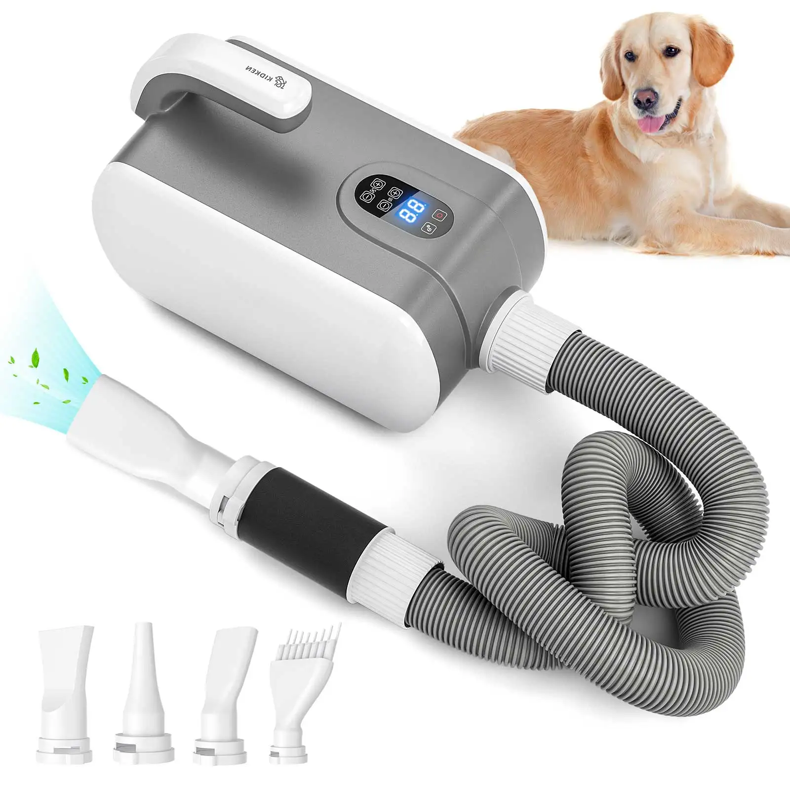 2800W Pet Dog Blow Dryer Adjustable Speed Temperature Control with 4 Nozzles and Extendable Hose for Pet Hair Grooming 110V