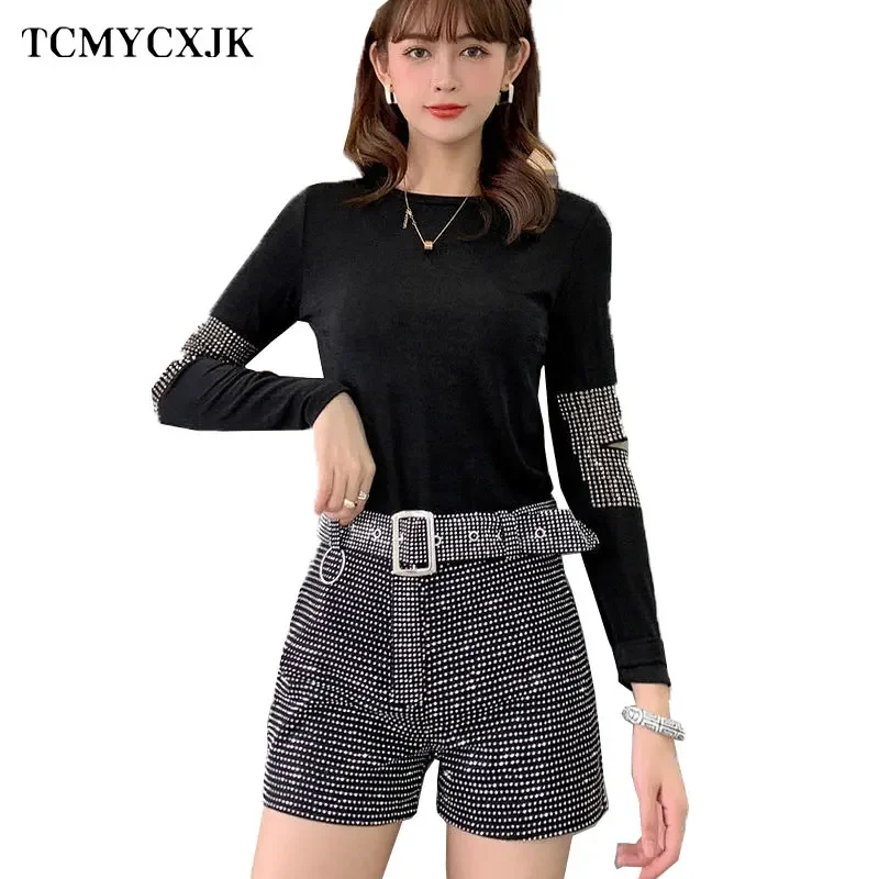 

Heavy Industry Hot Diamond High Waist Shorts Women 2024 Summer New Style Wild Diamond Belt Wide Leg Black Shorts Trend