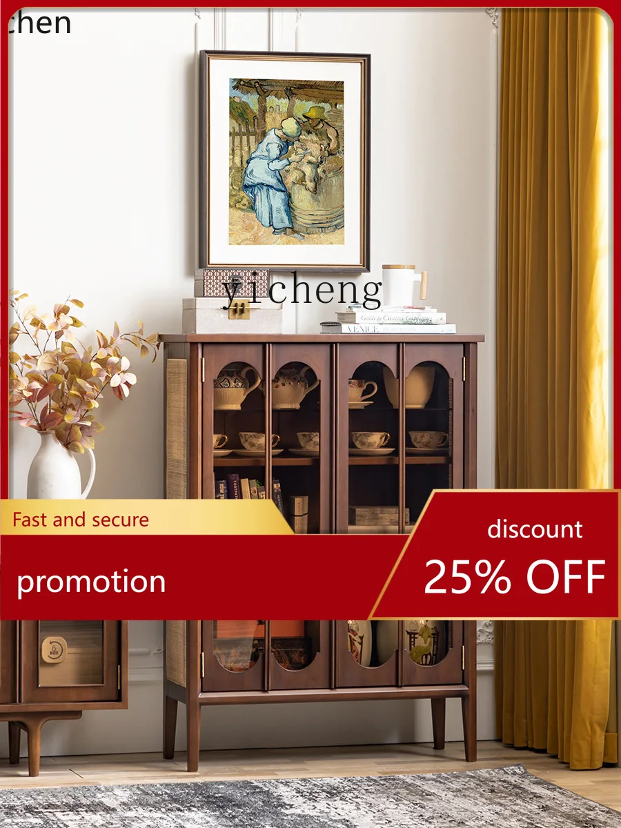 

YFY Solid Wood Sideboard Rattan Glass Entrance Cabinet TV Cabinet Side Cabinet