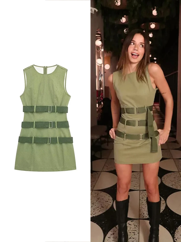 TRAF Women's Green Round Neck Sleeveless Slim Dress Spice Girls Work Style Waist Corset Chic Short Trendy Belted Dresses