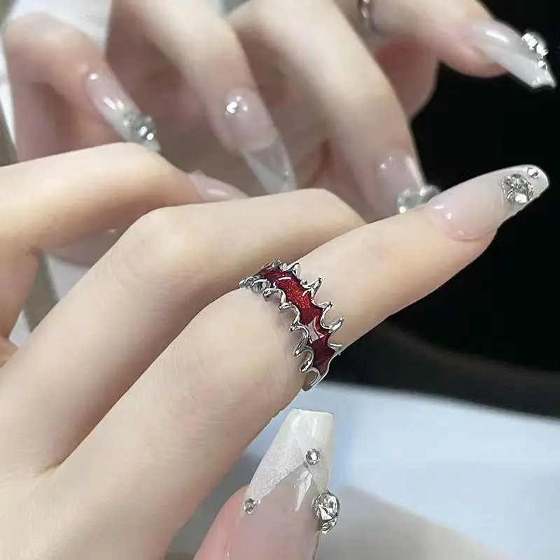 Gothic Punk Y2K Red Flame Ring Vintage Aesthetic Geometric Irregular Metal Gear Opening Rings for Women Men Jewelry Accessories