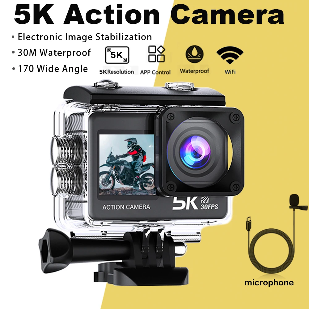 

CERASTES Action Camera 5K 4K 60FPS WiFi Anti-shake Dual Screen 170° Wide Angle 30m Waterproof Sport Camera with Remote Control