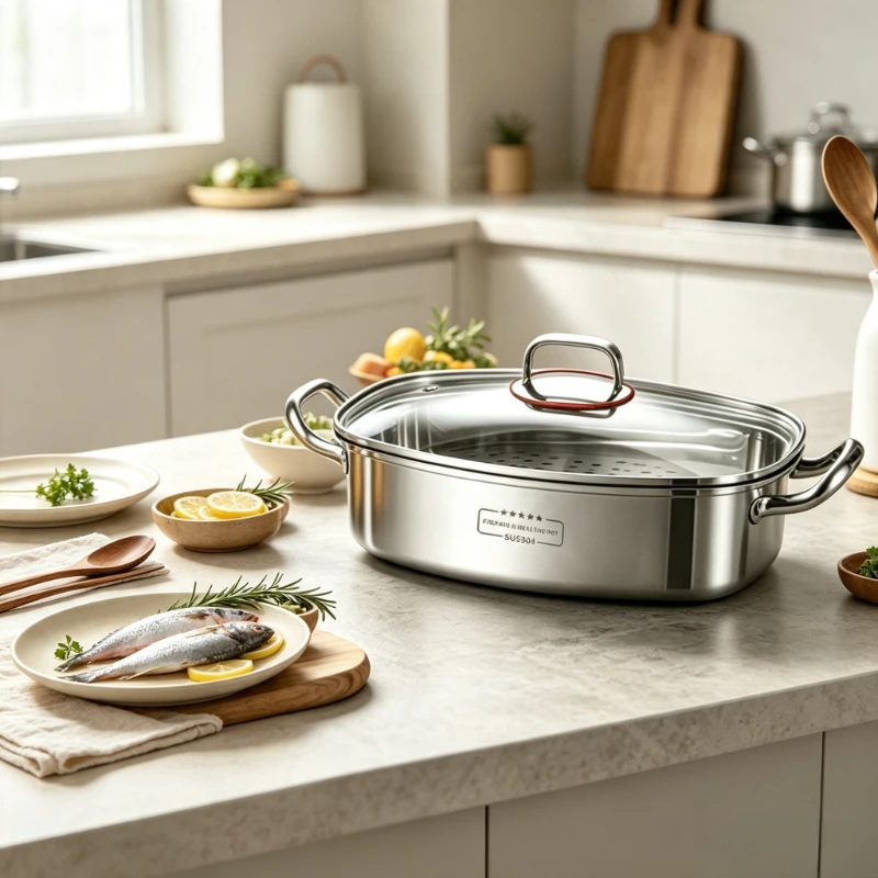 304 Stainless Steel Fish Steamer Pot Large Capacity Rectangular Cooking Pan with Steam Rack Glass Lid for Home Kitchen 찜솥