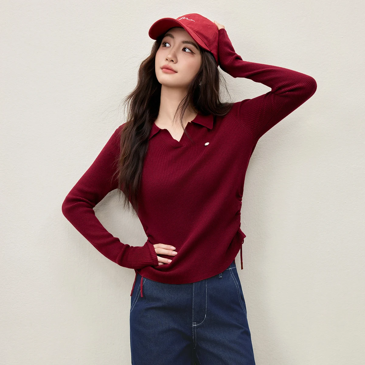 SENTUBILA Polo Collar Knitted Tops 2026 Autumn Fashion Solid Slim Soft Long-sleeved Tops Office Lady Sports Pullover W53HL3519