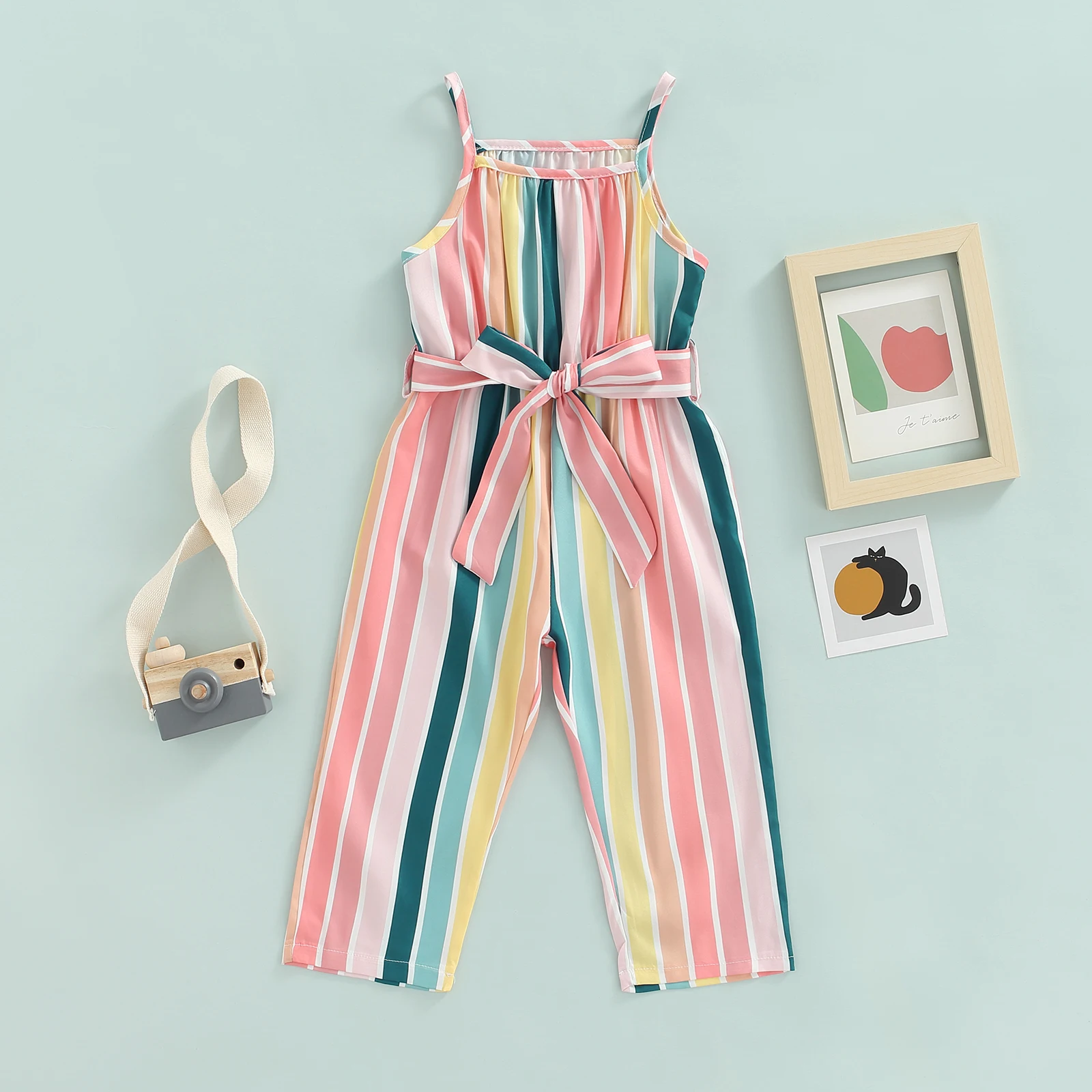 2024 New Kids Girls Stripe Romper Jumpsuits Baby Clothes Sleeveless Belted Long Pants Overalls Baby Clothing Summer Fall