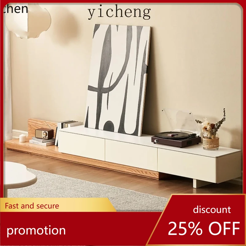 

HXL Solid Wood TV Cabinet Living Room Floor Retractable Deck Cream Style Stone Plate Floor Cabinet