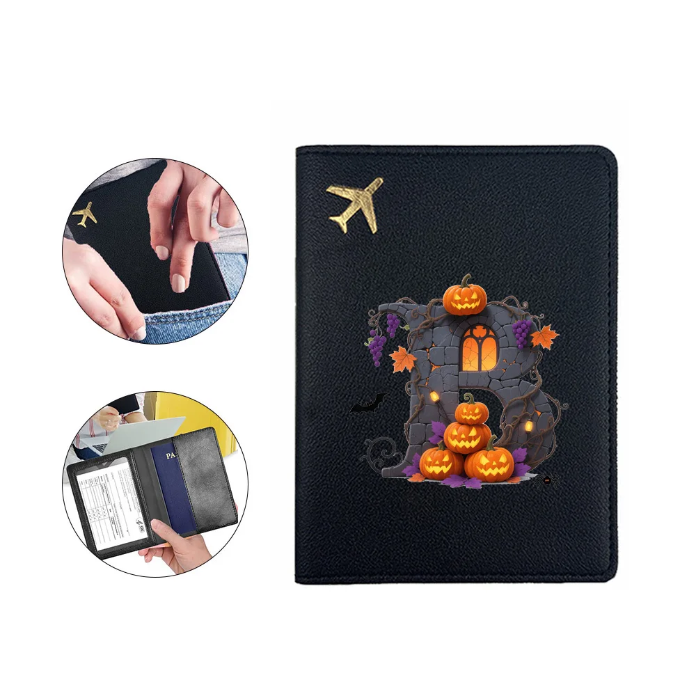1Pc PU パスポートカバー クリエイティブプリント付き パスポート収納ポーチ 厚みのある防水 ID カードプロテクター ハロウィンレターパターン