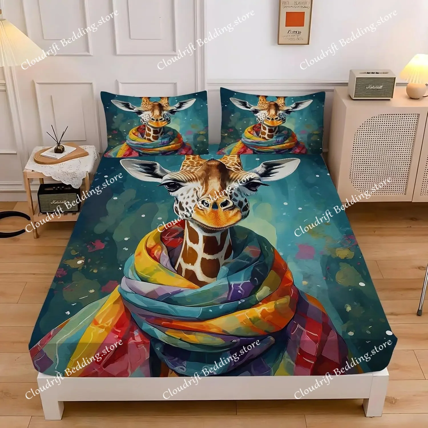 Giraffe Kids Fitted Sheet Single Size,Cute Giraffe Family Bed Cove Cartoon Animal Theme Bedding Set