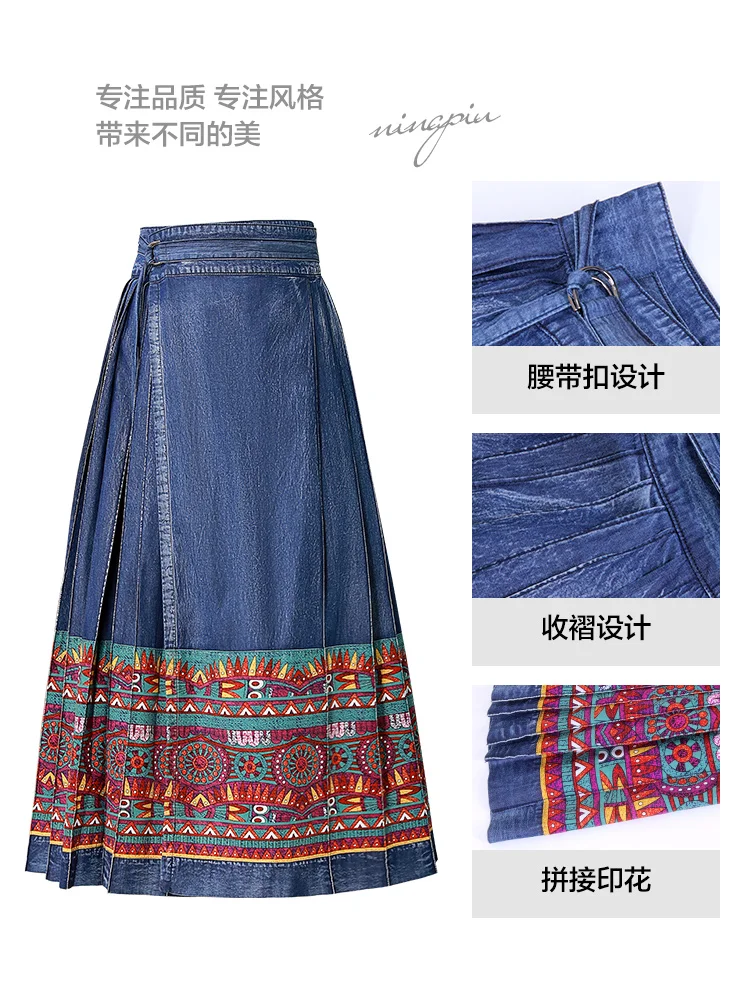 TIYIHAILEY Free Shipping 2024 New Fashion Long Maxi Denim Jeans Women Chinese Style Spring Autumn Elastic  Print Pleated Skirts