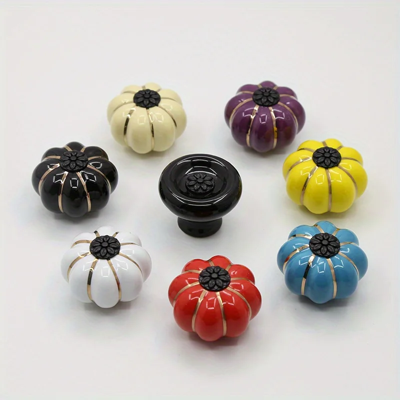 1Pc Drawer Closet Cabinet Pulls Modern Simple Single Hole Round Rustic Ceramic Pumpkin Door Handle